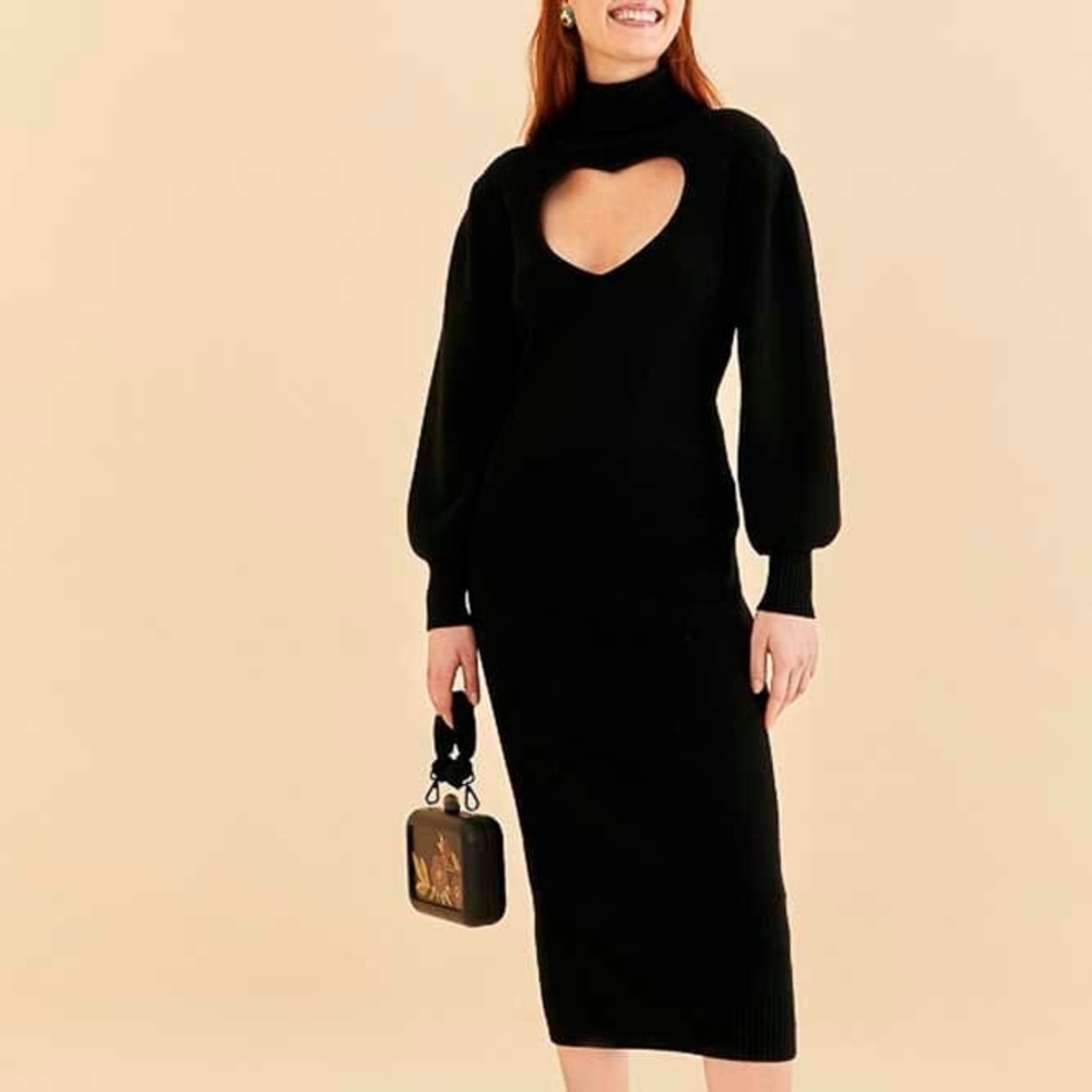 FARM RIO Black Heart Cutout Ribbed Knit Turtleneck Midi Sweater Dress Date Night